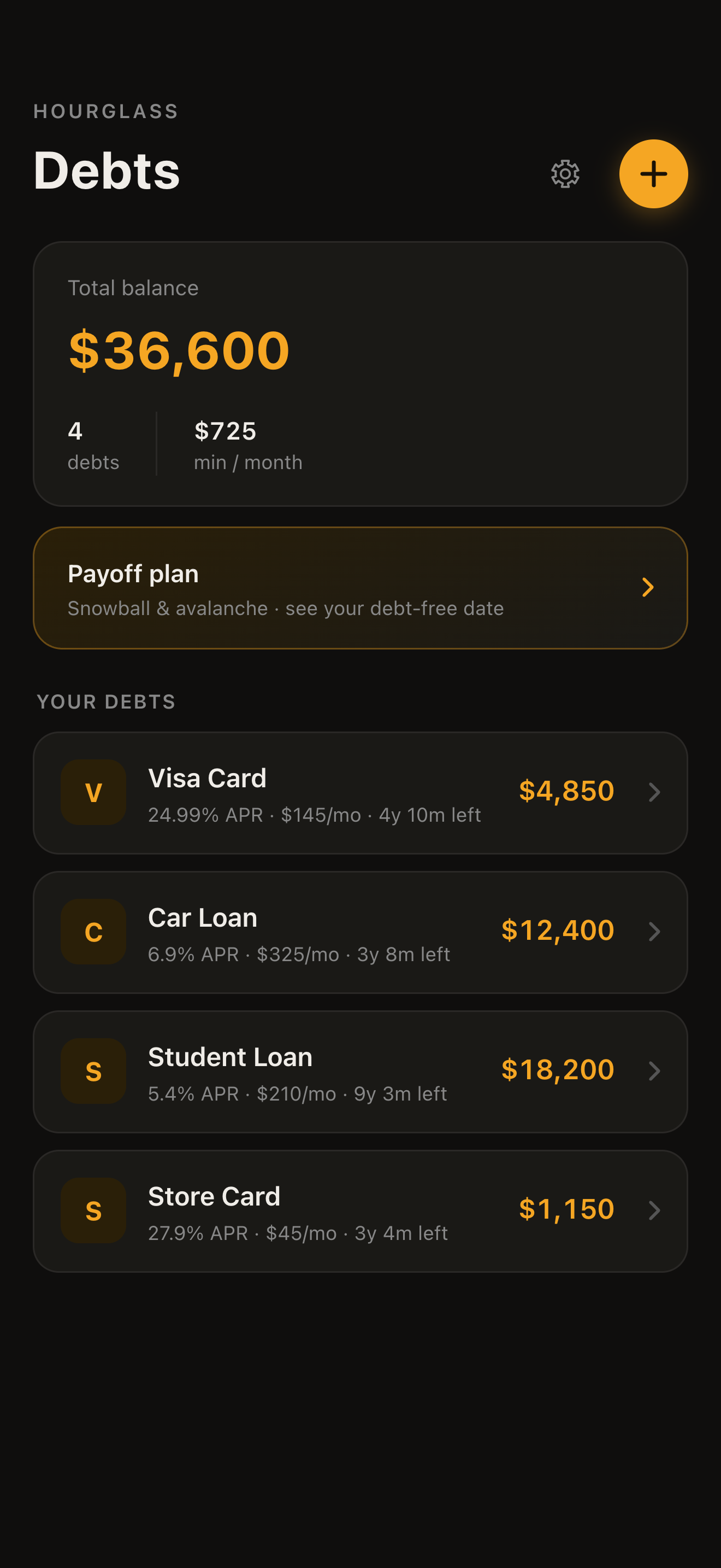 Hourglass debts list screen